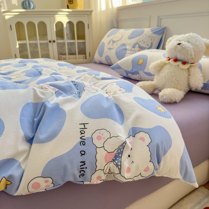 91家纺网 家纺一手货源 找家纺 舒居家纺 2025新款全棉针织棉被套枕套单被套被套单品 蓝色小熊