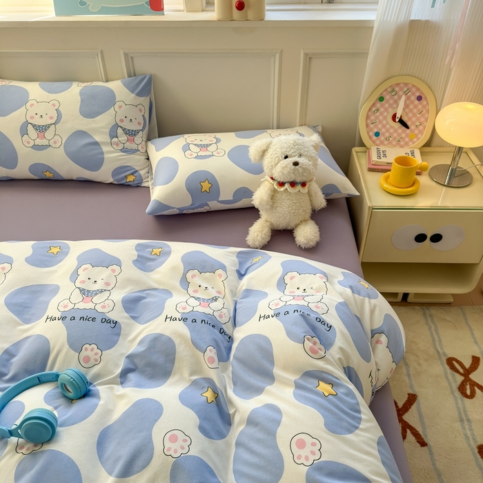 91家纺网 家纺一手货源 找家纺 舒居家纺 2025新款全棉针织棉被套枕套单被套被套单品 蓝色小熊