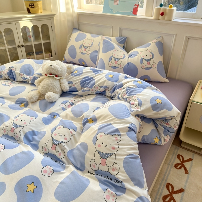 91家纺网 家纺一手货源 找家纺 舒居家纺 2025新款全棉针织棉被套枕套单被套被套单品 蓝色小熊