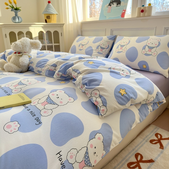 91家纺网 家纺一手货源 找家纺 舒居家纺 2025新款全棉针织棉被套枕套单被套被套单品 蓝色小熊