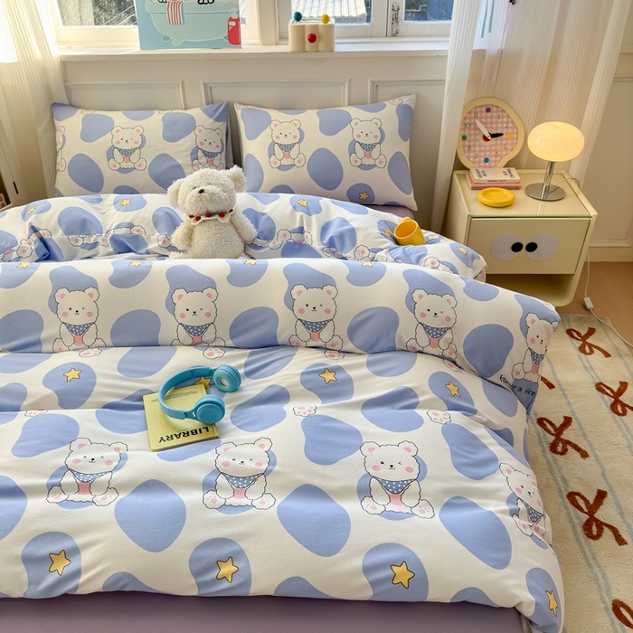 91家纺网 家纺一手货源 找家纺 舒居家纺 2025新款全棉针织棉被套枕套单被套被套单品 蓝色小熊