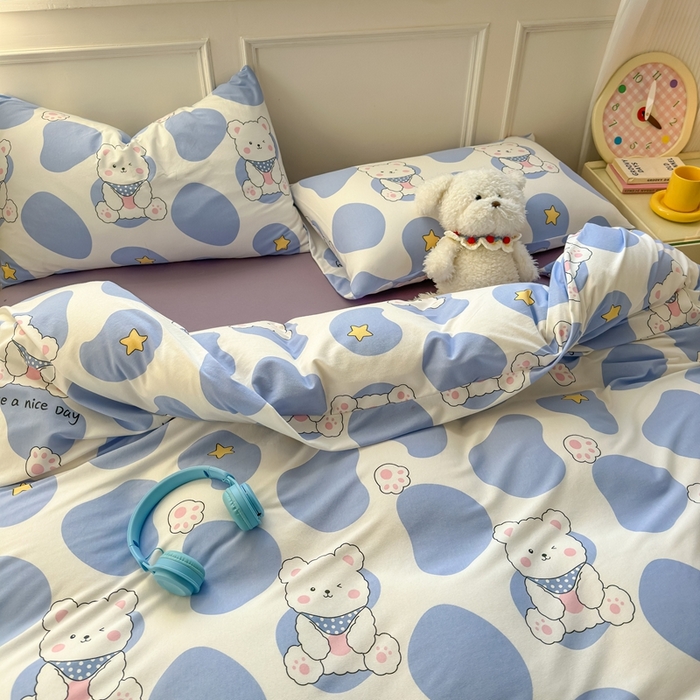 91家纺网 家纺一手货源 找家纺 舒居家纺 2025新款全棉针织棉被套枕套单被套被套单品 蓝色小熊