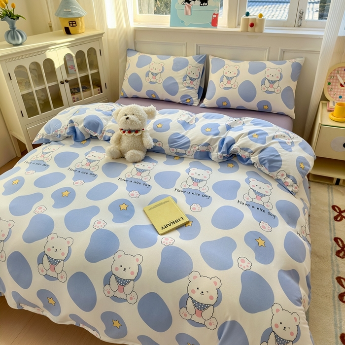 91家纺网 家纺一手货源 找家纺 舒居家纺 2025新款全棉针织棉被套枕套单被套被套单品 蓝色小熊