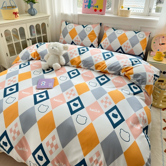 91家纺网 家纺一手货源 找家纺 舒居家纺 2025新款全棉针织棉被套枕套单被套被套单品 菱形格