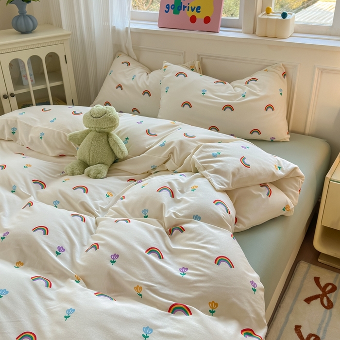 91家纺网 家纺一手货源 找家纺 舒居家纺 2025新款全棉针织棉被套枕套单被套被套单品 小彩虹