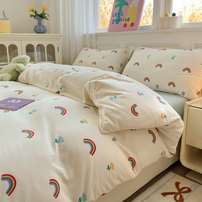 91家纺网 家纺一手货源 找家纺 舒居家纺 2025新款全棉针织棉被套枕套单被套被套单品 小彩虹