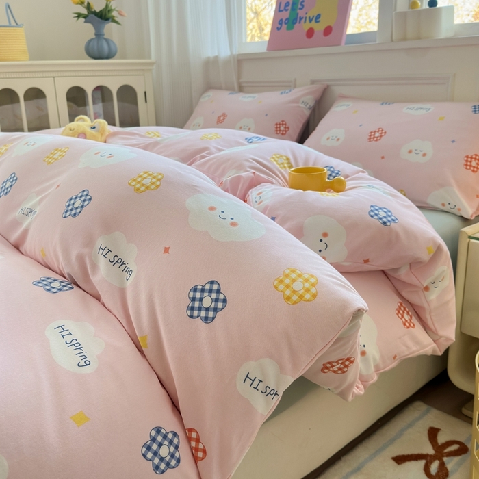 91家纺网 家纺一手货源 找家纺 舒居家纺 2025新款全棉针织棉被套枕套单被套被套单品 云朵笑脸