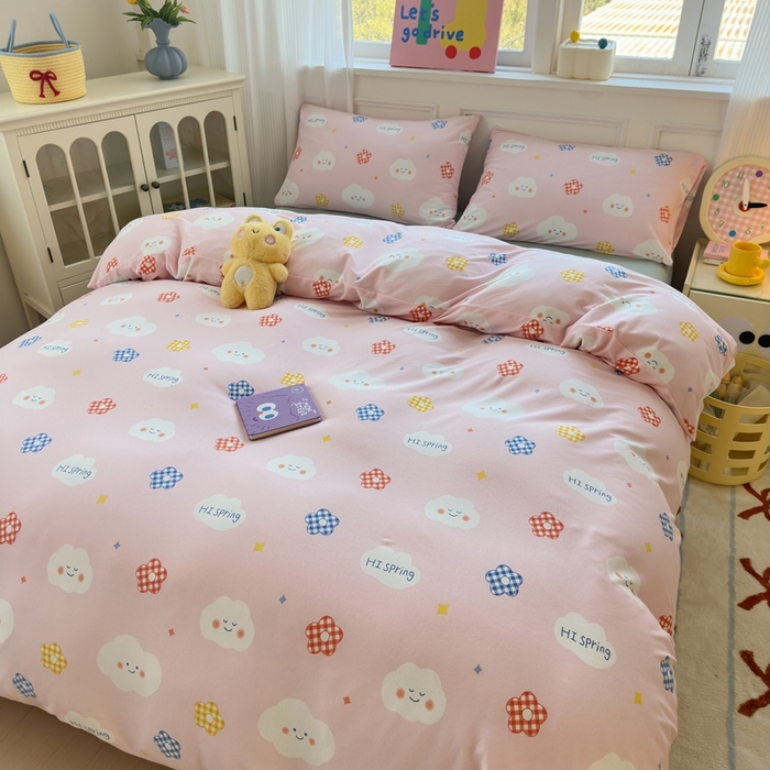 91家纺网 家纺一手货源 找家纺 舒居家纺 2025新款全棉针织棉被套枕套单被套被套单品 云朵笑脸