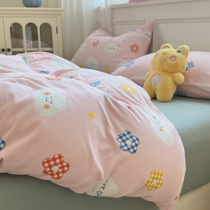 91家纺网 家纺一手货源 找家纺 舒居家纺 2025新款全棉针织棉被套枕套单被套被套单品 云朵笑脸