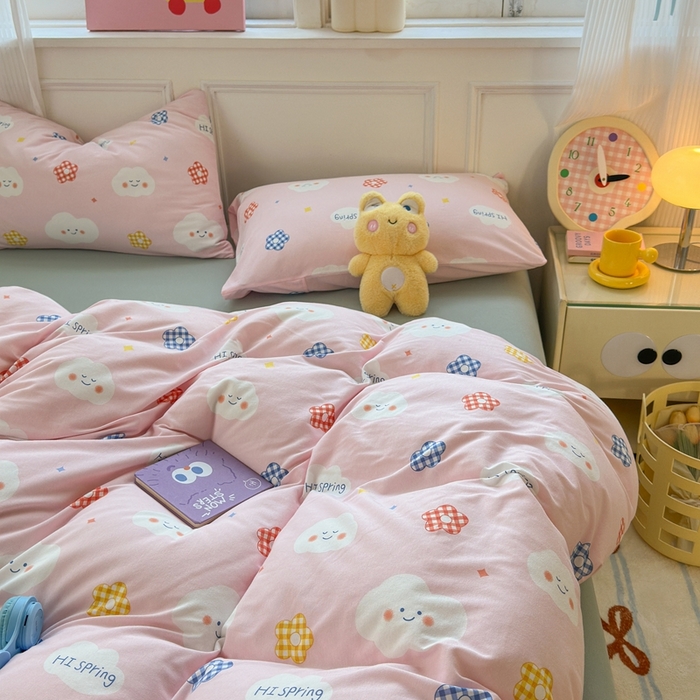 91家纺网 家纺一手货源 找家纺 舒居家纺 2025新款全棉针织棉被套枕套单被套被套单品 云朵笑脸