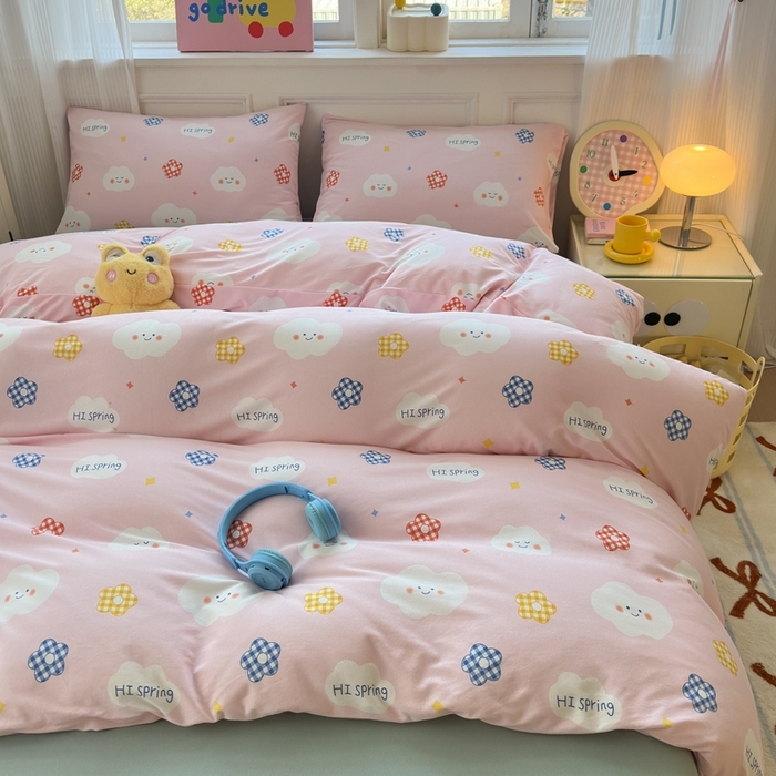 91家纺网 家纺一手货源 找家纺 舒居家纺 2025新款全棉针织棉被套枕套单被套被套单品 云朵笑脸