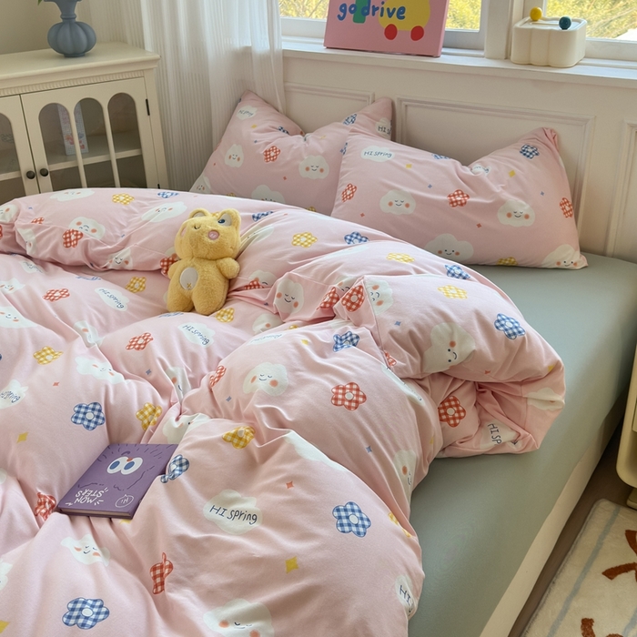 91家纺网 家纺一手货源 找家纺 舒居家纺 2025新款全棉针织棉被套枕套单被套被套单品 云朵笑脸