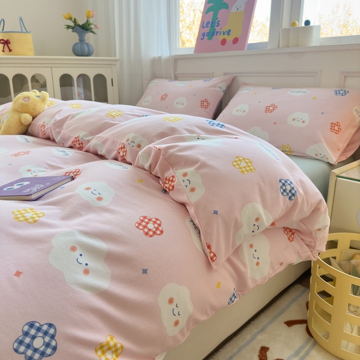 91家纺网 家纺一手货源 找家纺 舒居家纺 2025新款全棉针织棉被套枕套单被套被套单品 云朵笑脸