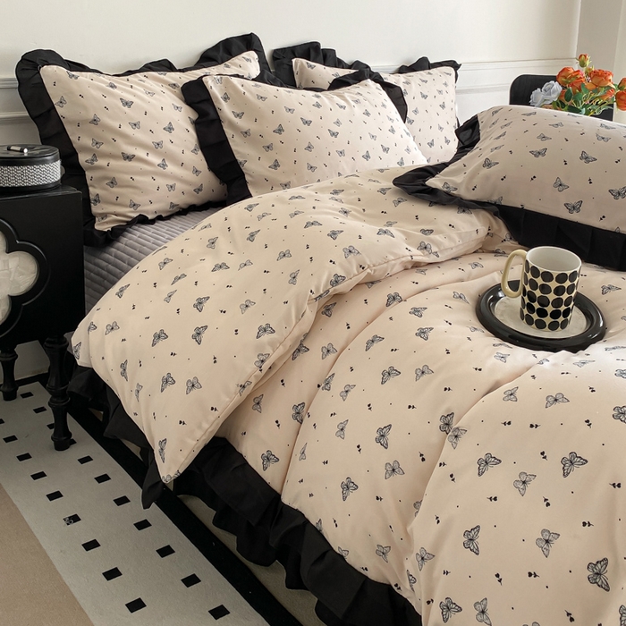 91家纺网 家纺一手货源 找家纺 乐沐家纺 2025新款法式花边夹棉床盖四件套 蝶舞