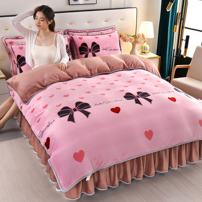 绒品壹家家纺 2024新款180g7斤牛奶绒印花四件套 蝴蝶结