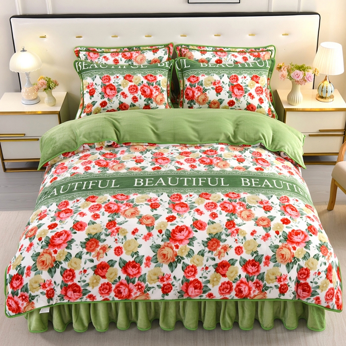 91家纺网 家纺一手货源 找家纺 绒品壹家家纺 2024新款180g7斤牛奶绒印花四件套 花的海洋