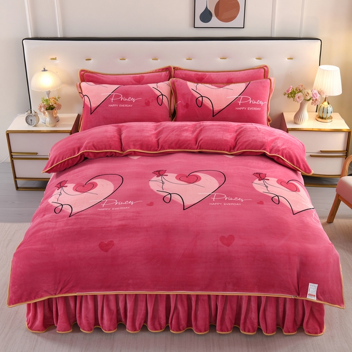 91家纺网 家纺一手货源 找家纺 绒品壹家家纺 2024新款180g7斤牛奶绒印花四件套 玫瑰爱心