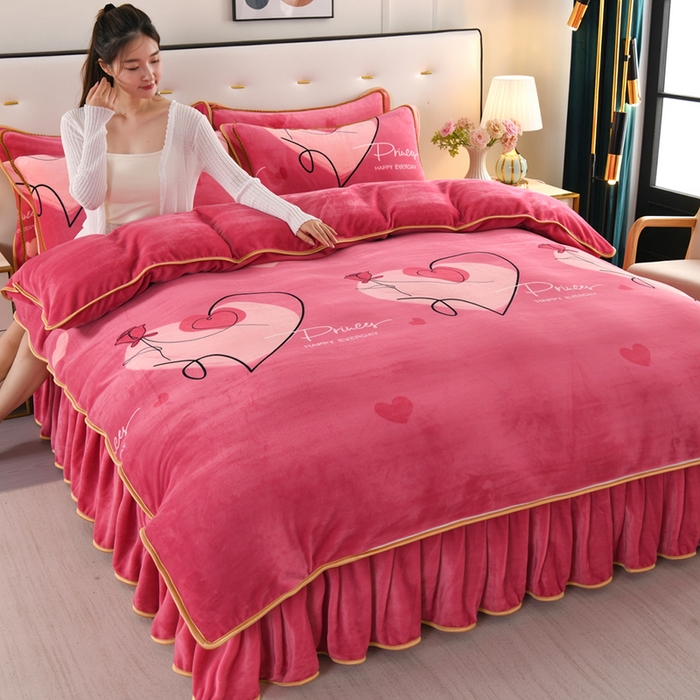 绒品壹家家纺 2024新款180g7斤牛奶绒印花四件套 玫瑰爱心