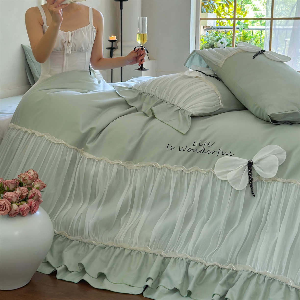 91家纺网 家纺一手货源 找家纺 （总）美娘阁 2025新款长绒棉全棉提花居家款四件套-芙莉亚