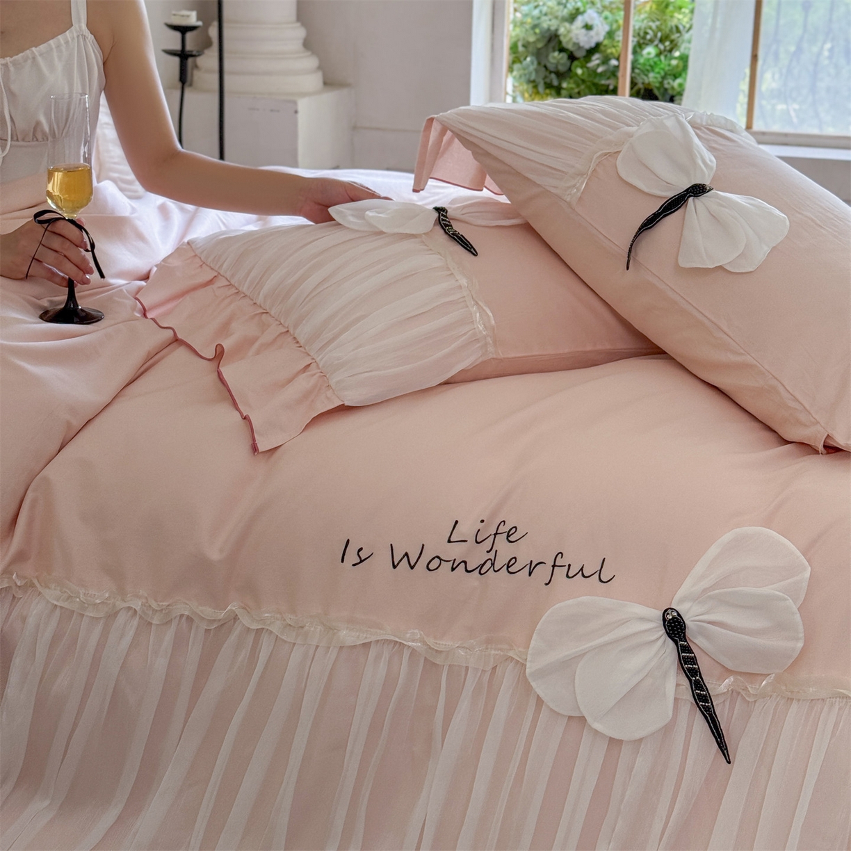 91家纺网 家纺一手货源 找家纺 美娘阁 2025新款长绒棉全棉提花居家款四件套-芙莉亚 芙莉亚（仙粉）