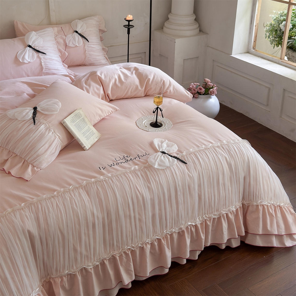 91家纺网 家纺一手货源 找家纺 美娘阁 2025新款长绒棉全棉提花居家款四件套-芙莉亚 芙莉亚（仙粉）