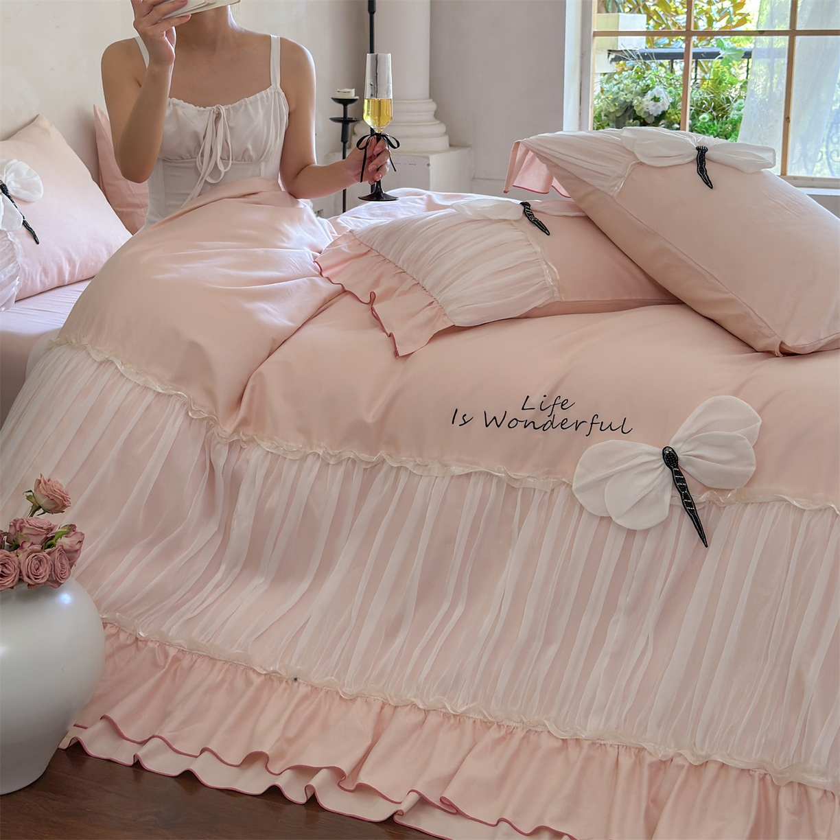 91家纺网 家纺一手货源 找家纺 美娘阁 2025新款长绒棉全棉提花居家款四件套-芙莉亚 芙莉亚（仙粉）