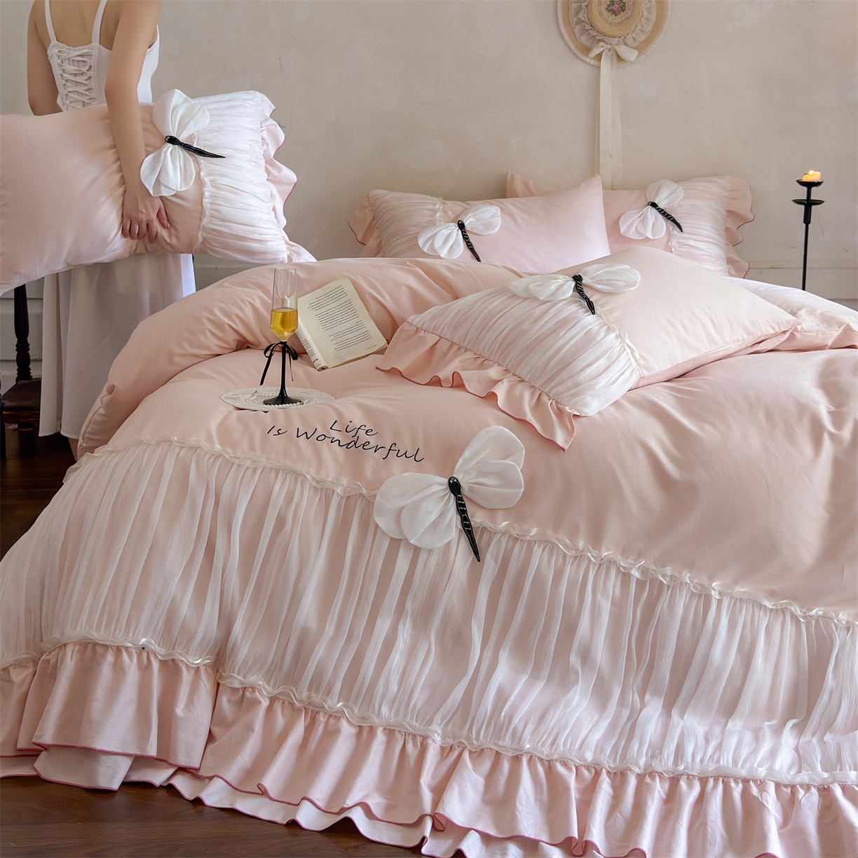 91家纺网 家纺一手货源 找家纺 美娘阁 2025新款长绒棉全棉提花居家款四件套-芙莉亚 芙莉亚（仙粉）