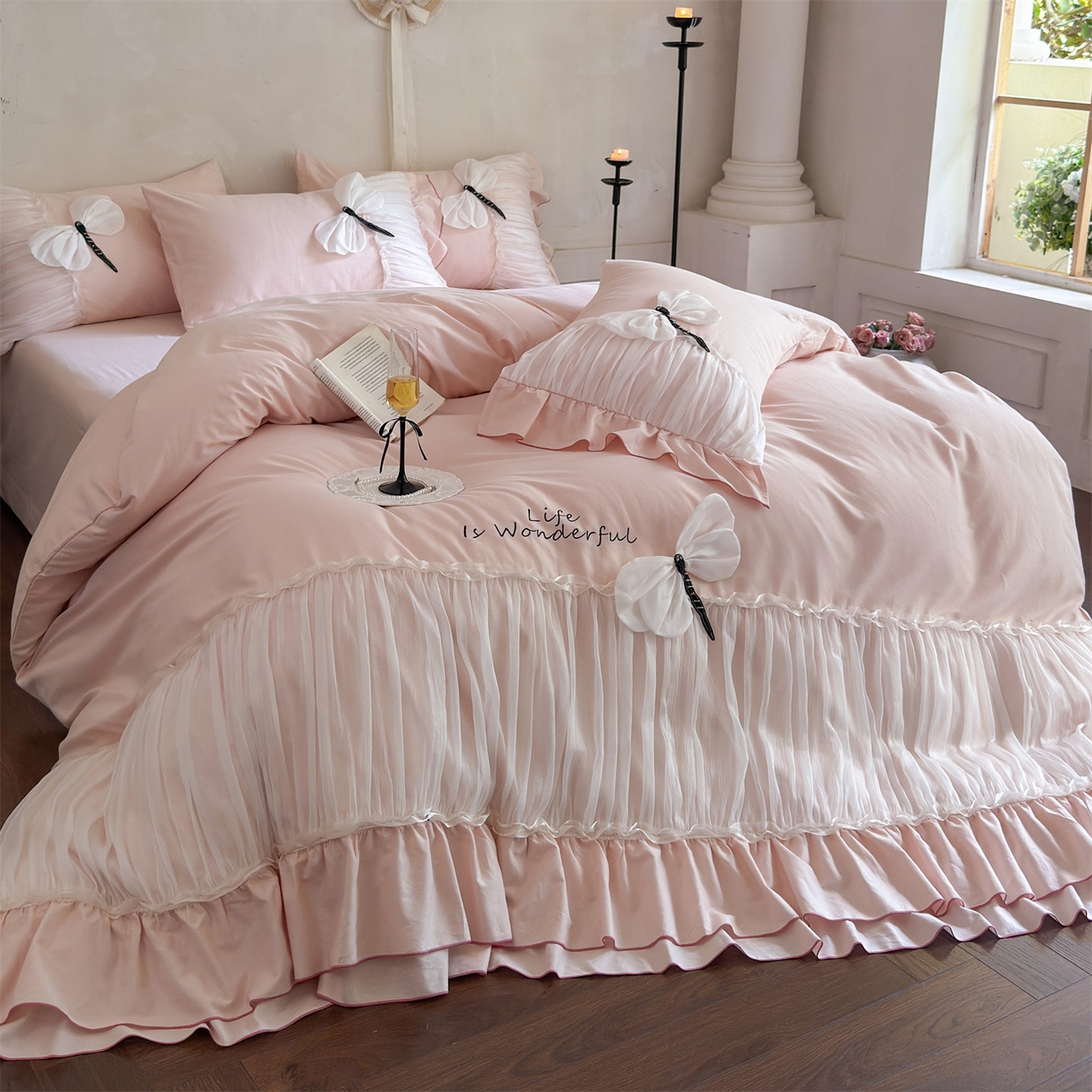 91家纺网 家纺一手货源 找家纺 美娘阁 2025新款长绒棉全棉提花居家款四件套-芙莉亚 芙莉亚（仙粉）