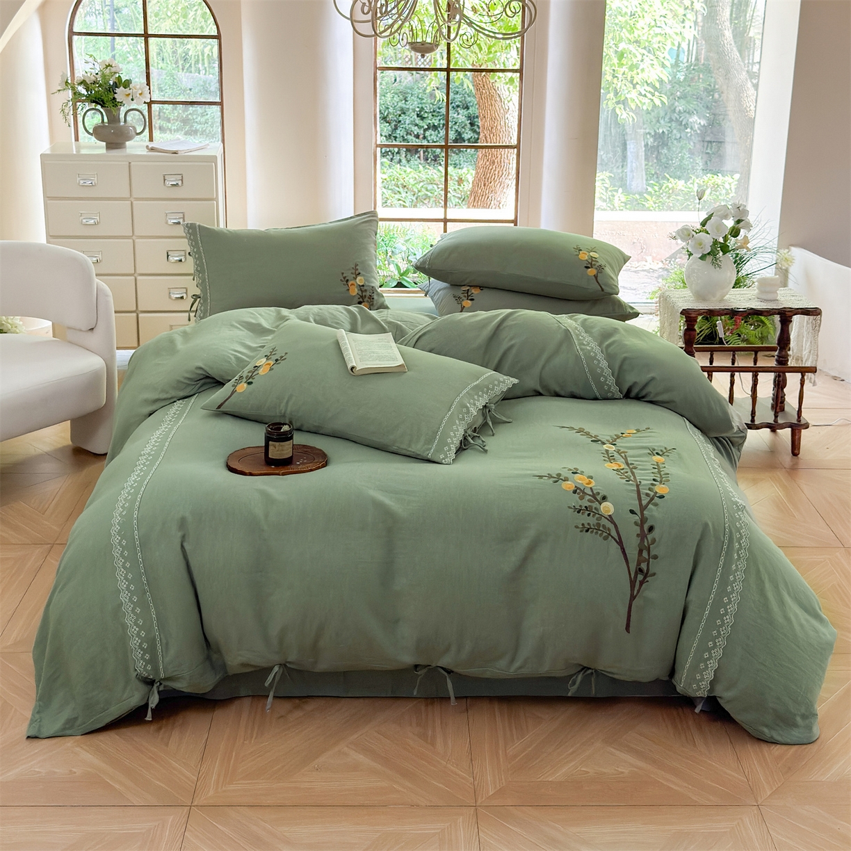 91家纺网 家纺一手货源 找家纺 （总）美娘阁 2025新款长绒棉全棉贡缎提花款新中式古典韵味精美刺绣婚庆四件套-系列二