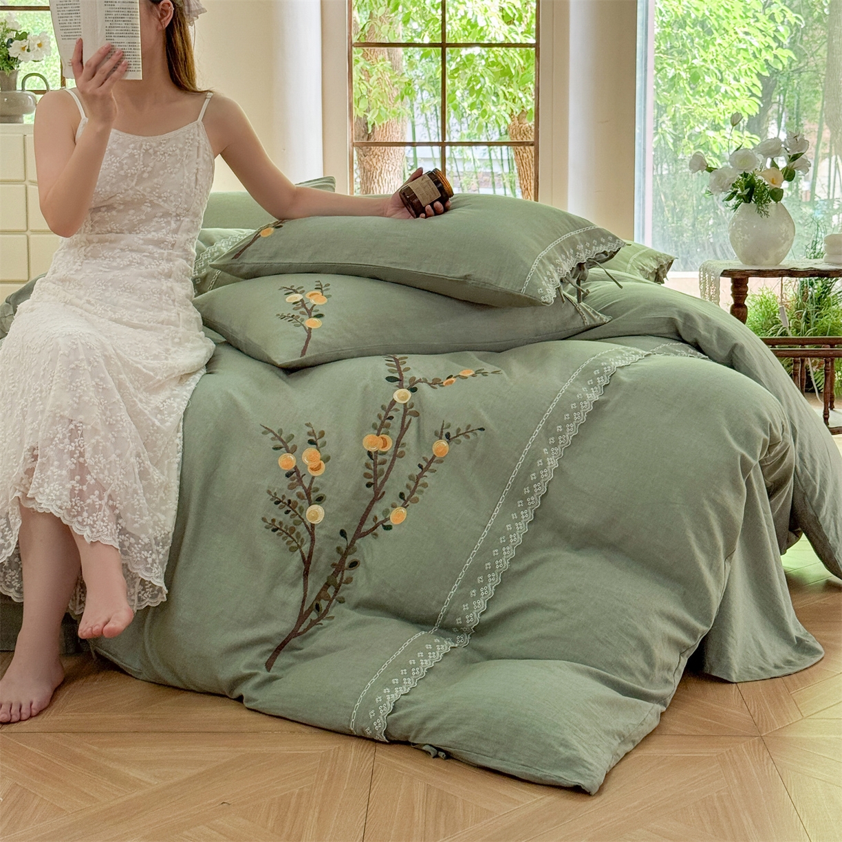 91家纺网 家纺一手货源 找家纺 （总）美娘阁 2025新款长绒棉全棉提花居家款四件套-依初