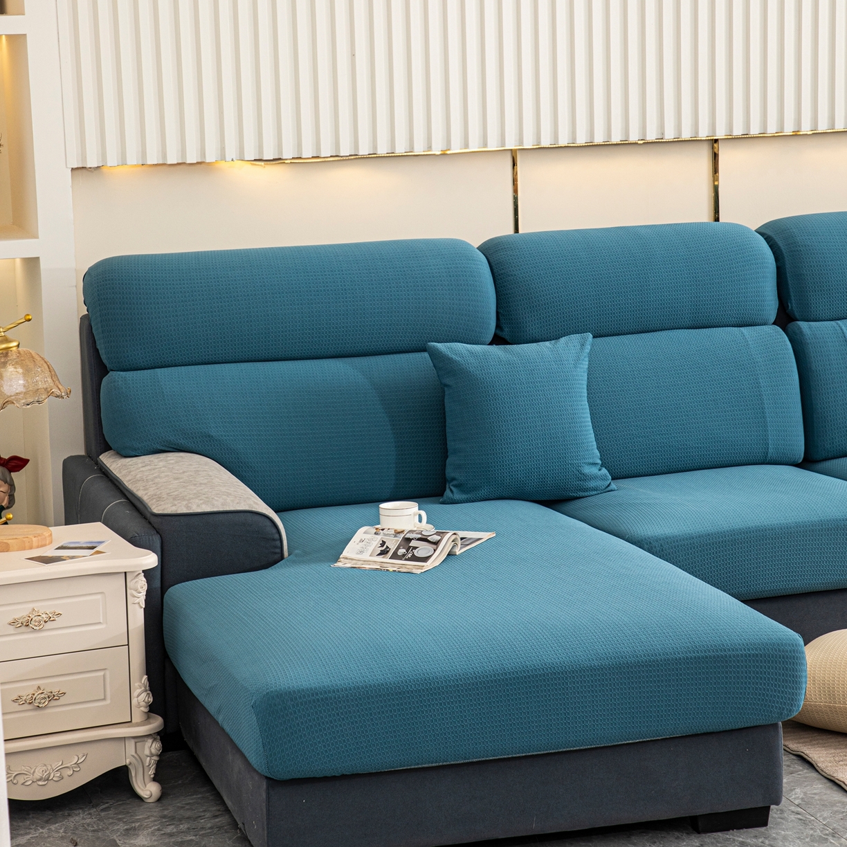 91家纺网 家纺一手货源 找家纺 沐沐家纺 2026新款苏茉小方格防水沙发笠 苏茉防水-尼罗蓝