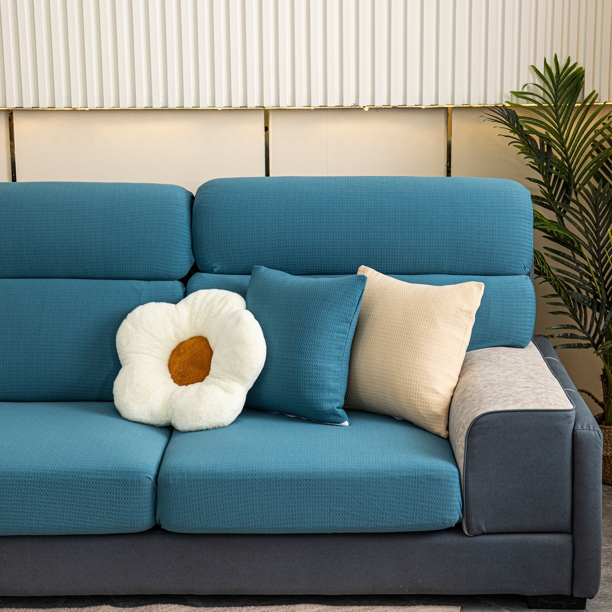 91家纺网 家纺一手货源 找家纺 沐沐家纺 2026新款苏茉小方格防水沙发笠 苏茉防水-尼罗蓝