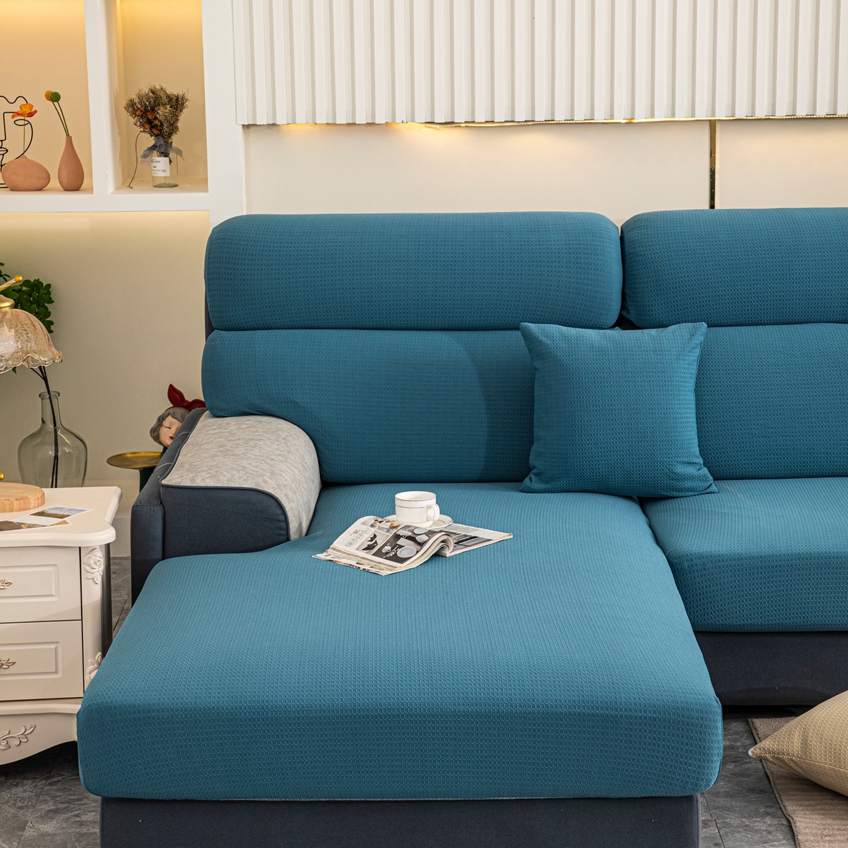 91家纺网 家纺一手货源 找家纺 沐沐家纺 2026新款苏茉小方格防水沙发笠 苏茉防水-尼罗蓝