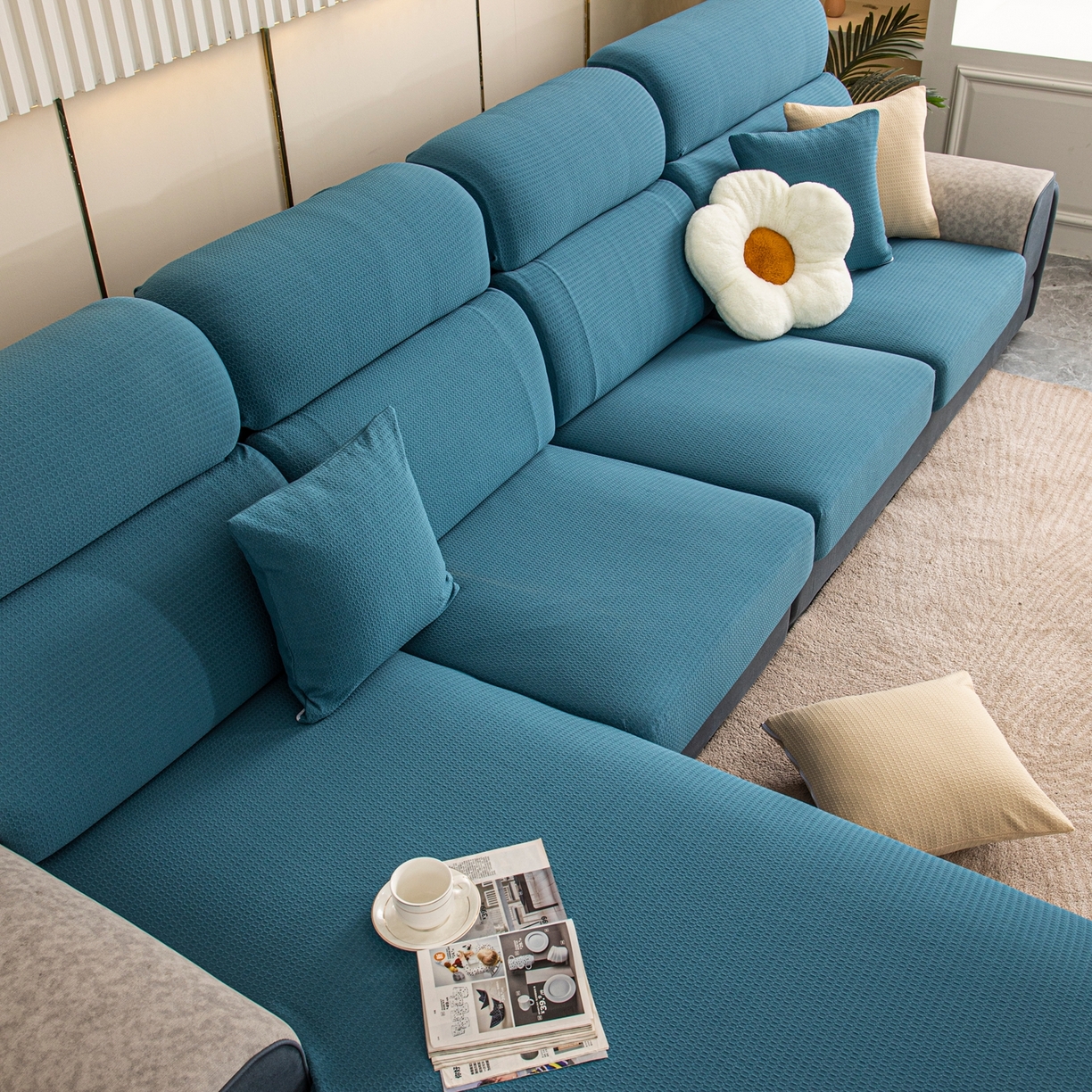 91家纺网 家纺一手货源 找家纺 沐沐家纺 2026新款苏茉小方格防水沙发笠 苏茉防水-尼罗蓝