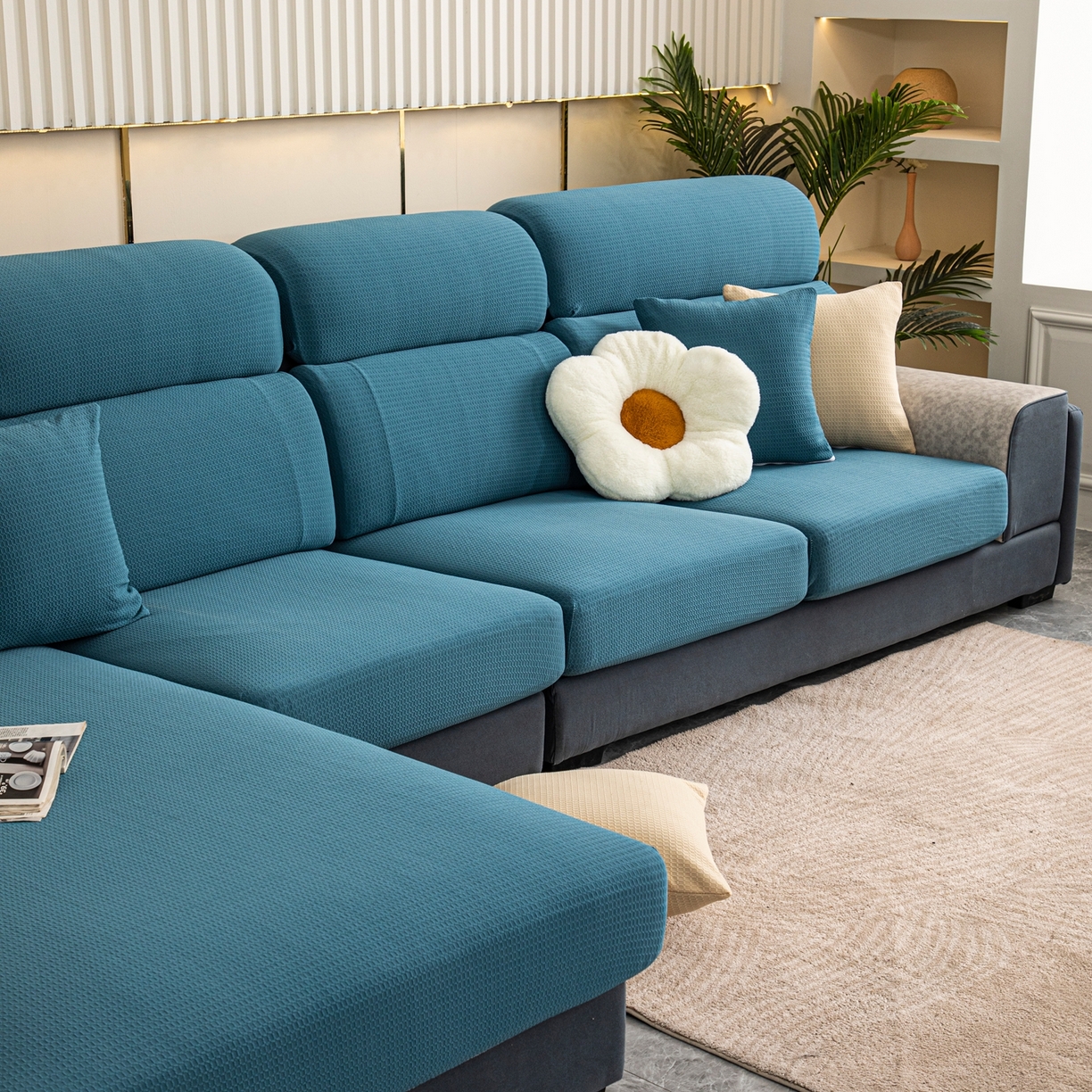 91家纺网 家纺一手货源 找家纺 沐沐家纺 2026新款苏茉小方格防水沙发笠 苏茉防水-尼罗蓝