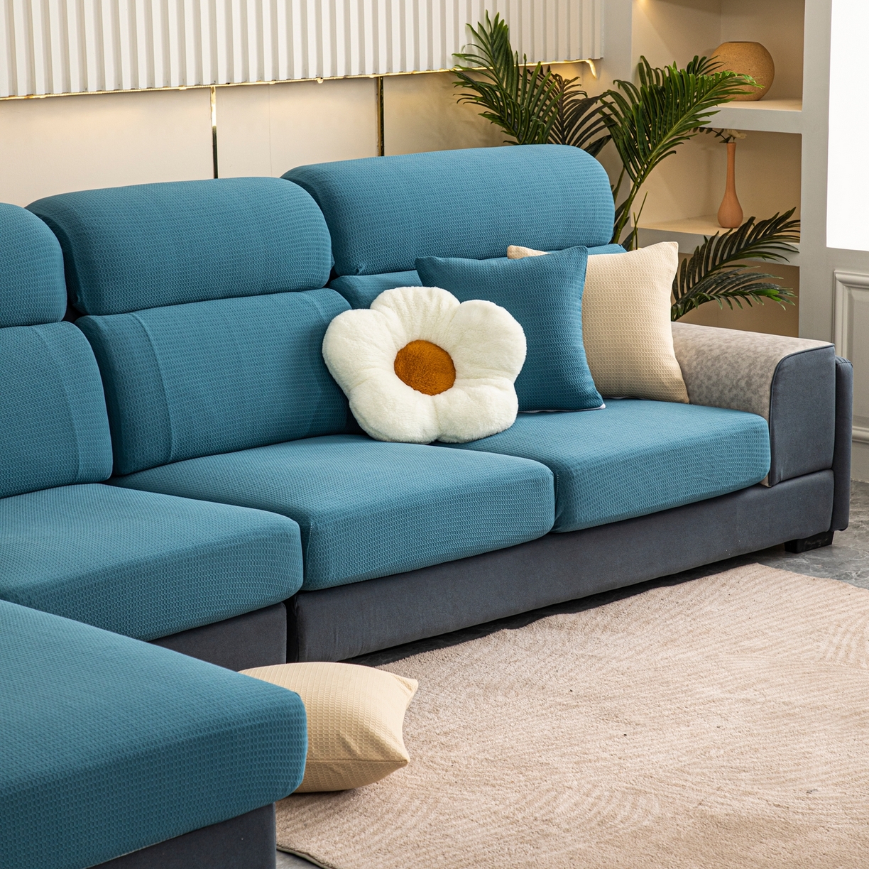 91家纺网 家纺一手货源 找家纺 沐沐家纺 2026新款苏茉小方格防水沙发笠 苏茉防水-尼罗蓝