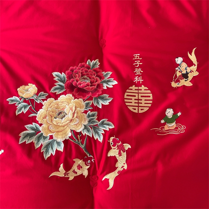 91家纺网 家纺一手货源 找家纺 （总）歌历斯家纺 2025新款60S全棉五子登科喜庆被婚庆被绣花冬被全棉冬被立体边被子被芯四季被春秋被夏被