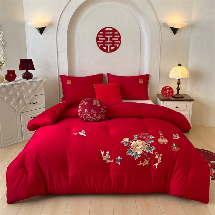 91家纺网 家纺一手货源 找家纺 （总）歌历斯家纺 2025新款60S全棉五子登科喜庆被婚庆被绣花冬被全棉冬被立体边被子被芯四季被春秋被夏被
