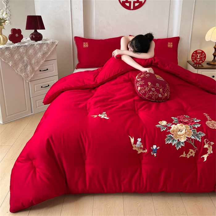 91家纺网 家纺一手货源 找家纺 （总）歌历斯家纺 2025新款60S全棉五子登科喜庆被婚庆被绣花冬被全棉冬被立体边被子被芯四季被春秋被夏被