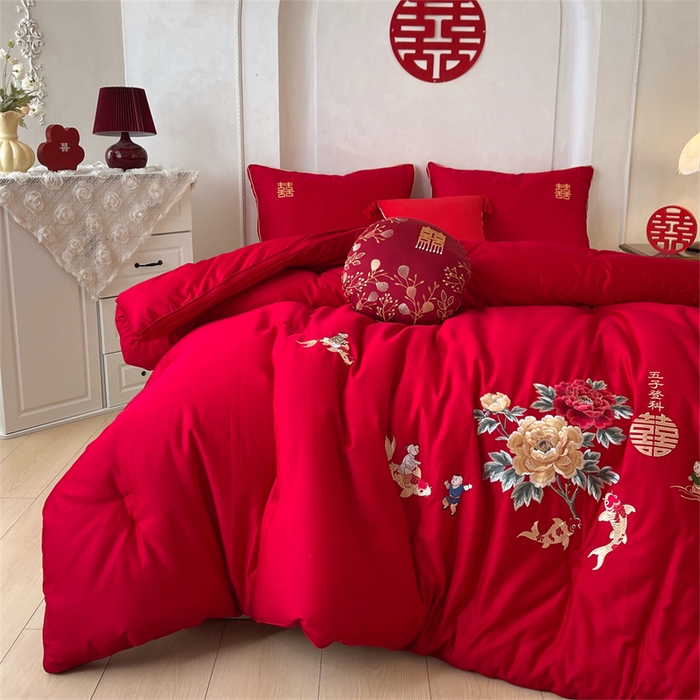 91家纺网 家纺一手货源 找家纺 （总）歌历斯家纺 2025新款60S全棉五子登科喜庆被婚庆被绣花冬被全棉冬被立体边被子被芯四季被春秋被夏被