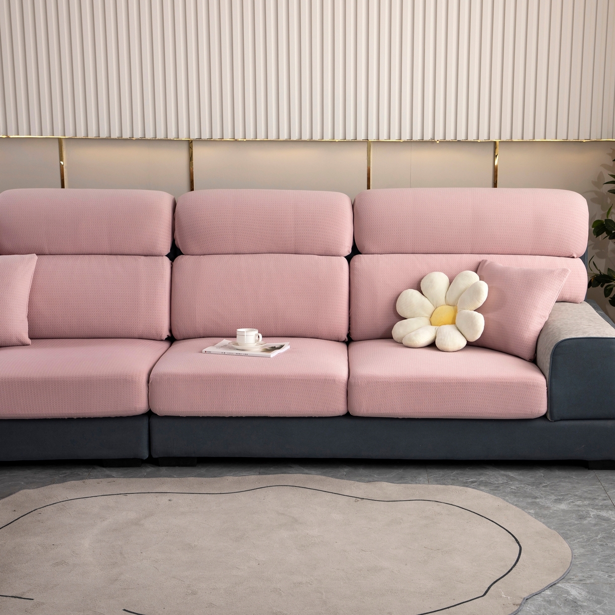 91家纺网 家纺一手货源 找家纺 沐沐家纺 2026新款苏茉小方格防水沙发笠 苏茉防水-樱花粉