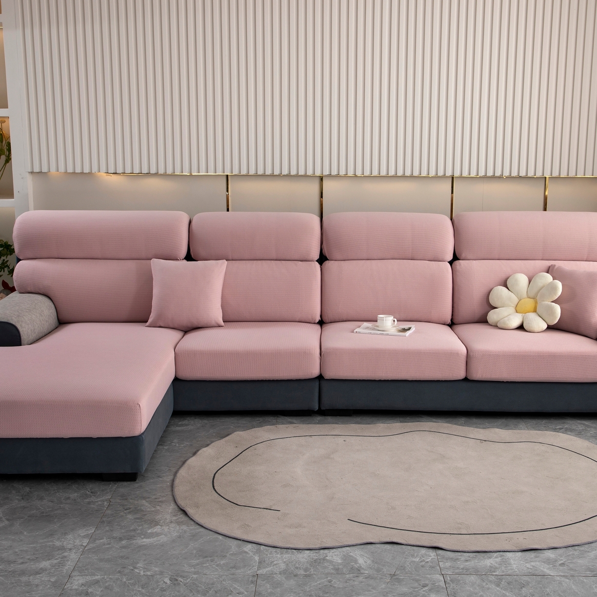 91家纺网 家纺一手货源 找家纺 沐沐家纺 2026新款苏茉小方格防水沙发笠 苏茉防水-樱花粉