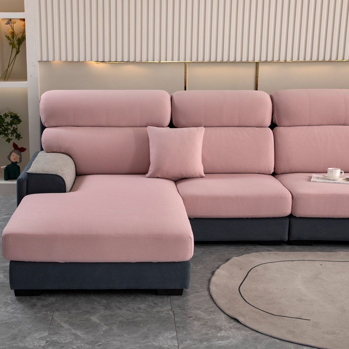 91家纺网 家纺一手货源 找家纺 沐沐家纺 2026新款苏茉小方格防水沙发笠 苏茉防水-樱花粉