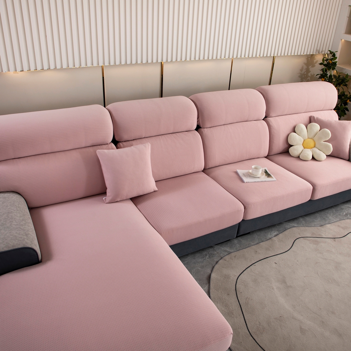 91家纺网 家纺一手货源 找家纺 沐沐家纺 2026新款苏茉小方格防水沙发笠 苏茉防水-樱花粉