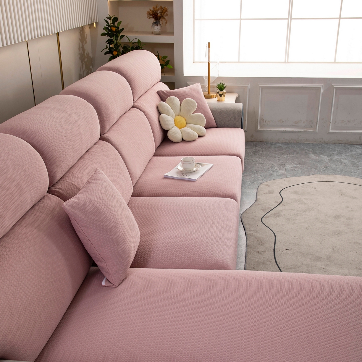 91家纺网 家纺一手货源 找家纺 沐沐家纺 2026新款苏茉小方格防水沙发笠 苏茉防水-樱花粉