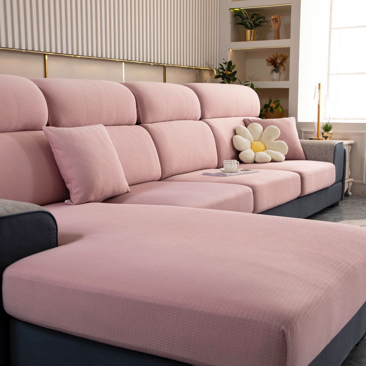 91家纺网 家纺一手货源 找家纺 沐沐家纺 2026新款苏茉小方格防水沙发笠 苏茉防水-樱花粉