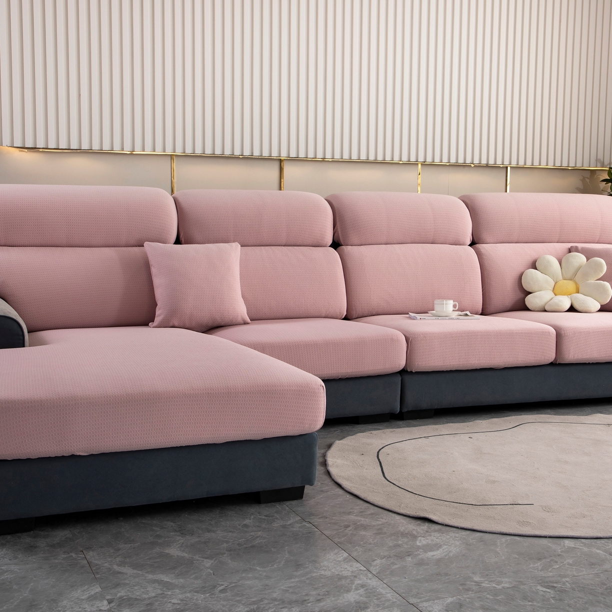 91家纺网 家纺一手货源 找家纺 沐沐家纺 2026新款苏茉小方格防水沙发笠 苏茉防水-樱花粉