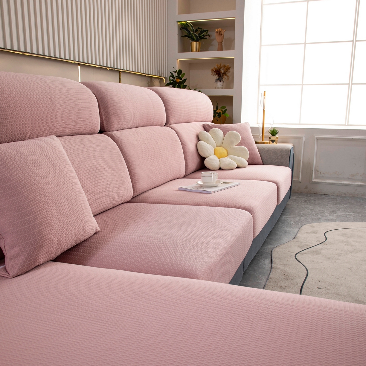 91家纺网 家纺一手货源 找家纺 沐沐家纺 2026新款苏茉小方格防水沙发笠 苏茉防水-樱花粉