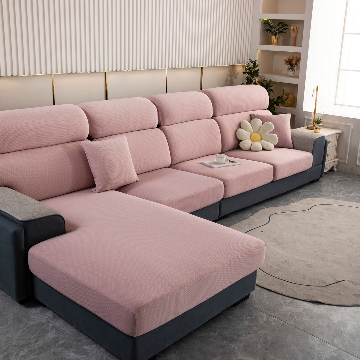 91家纺网 家纺一手货源 找家纺 沐沐家纺 2026新款苏茉小方格防水沙发笠 苏茉防水-樱花粉