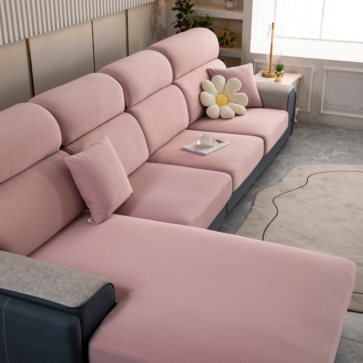 91家纺网 家纺一手货源 找家纺 沐沐家纺 2026新款苏茉小方格防水沙发笠 苏茉防水-樱花粉